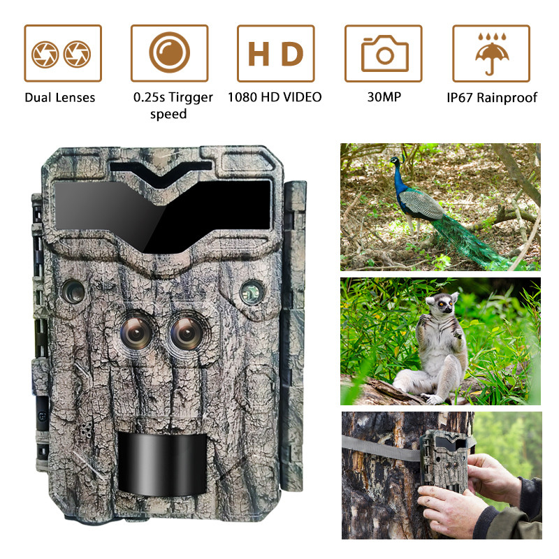 Kamera polowa KW698A z podwójnym obiektywem 1080P 30MP wodoodporny IP67 do 512GB widzenie nocne 0.25s wyzwalacz
